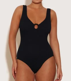 Hunza G V Neck-Coverage Celine Swim With Tonal Hoops -